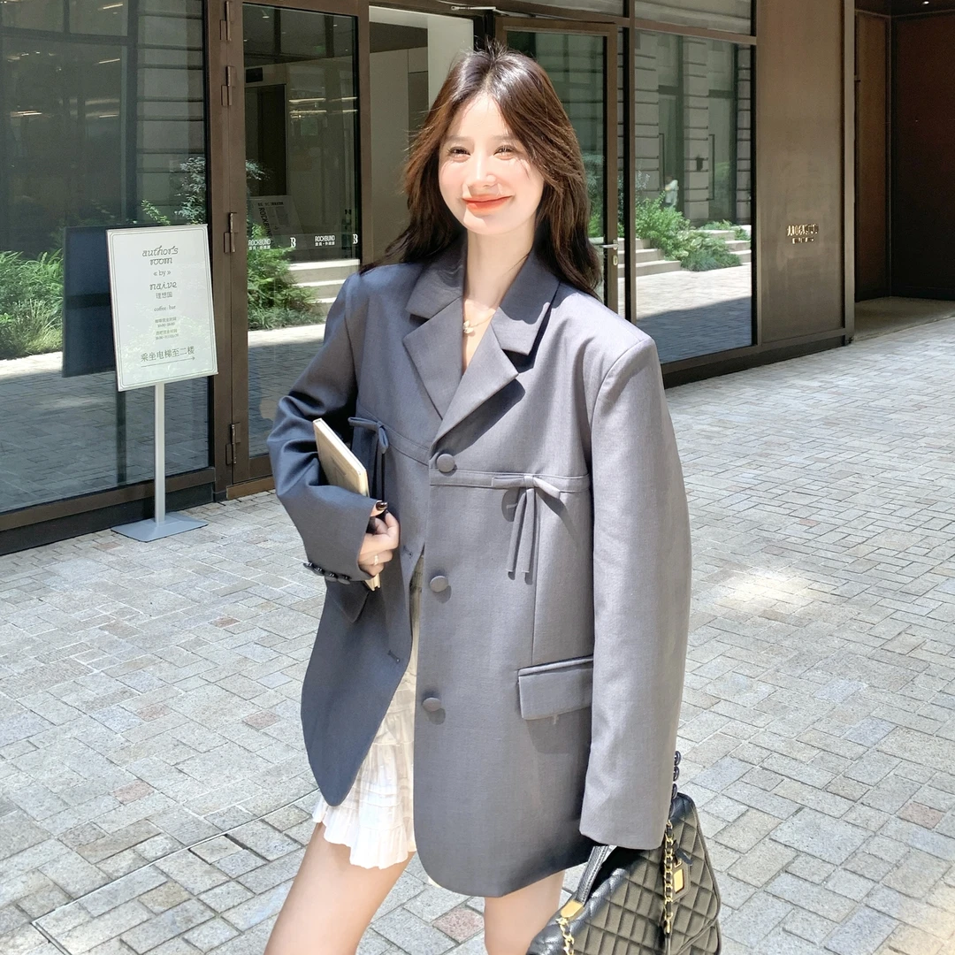 灰色韩系设计感蝴蝶结西装外套女2025秋季新款学院风气质休闲西服