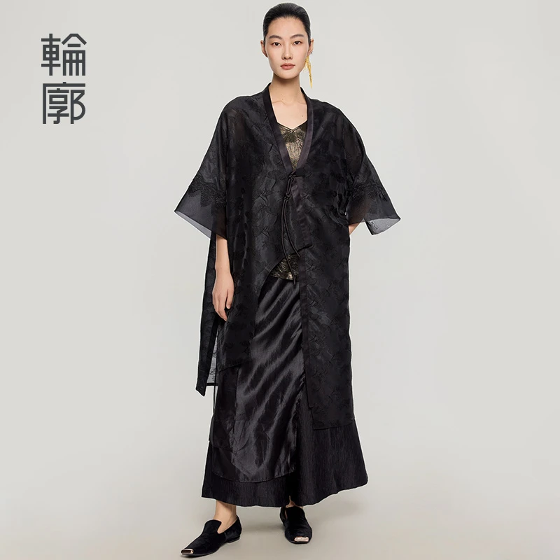 轮廓朴墨中长外套L251Y003新中式欧根纱提花复古时尚原创设计简雅