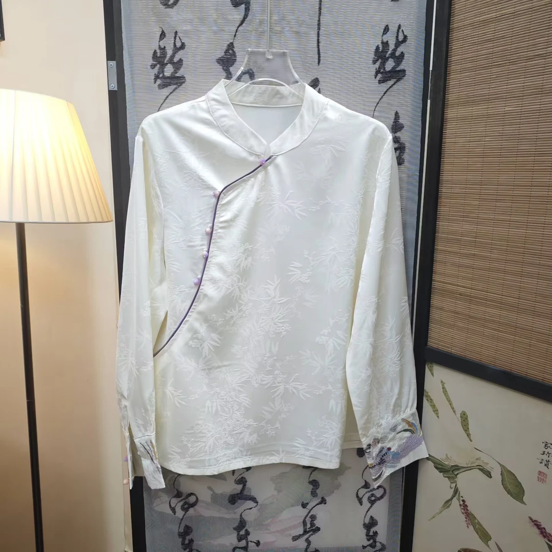 [Q礼冬]衬衫气质衬衣长袖网红新中式复古提花斜襟时尚女士中国风