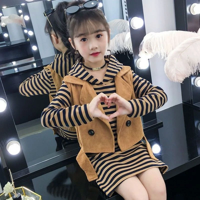 女童春秋套装新款儿童马甲时髦套装裙中大童网红洋气两件套潮