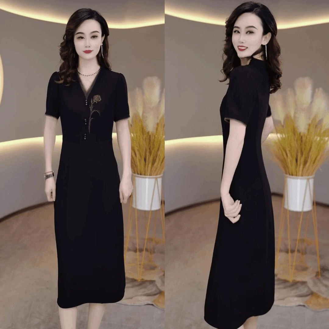 2025夏新款优雅气质减龄休闲收腰显瘦短袖连衣裙女中长款大码