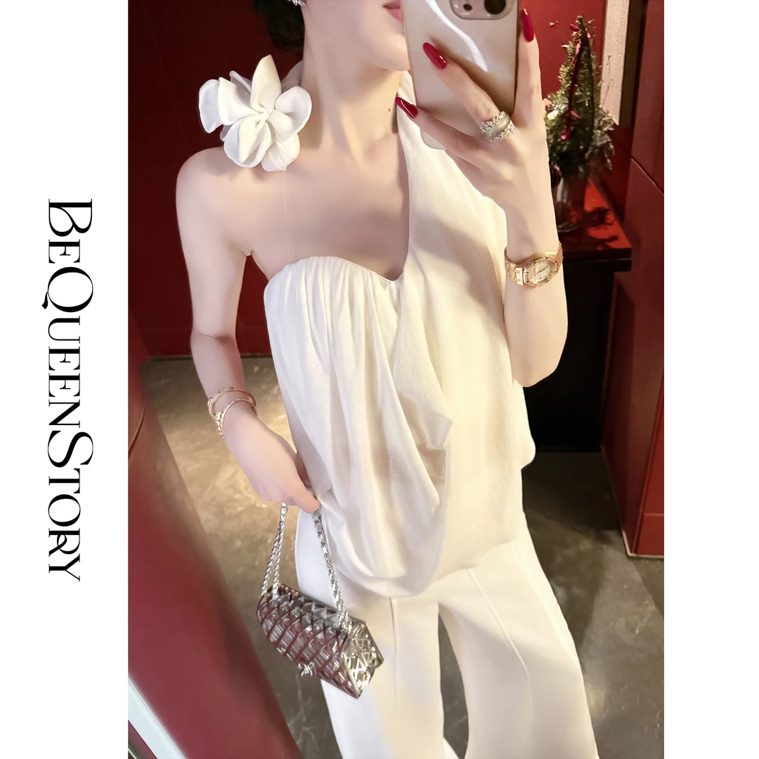 BeQueenStory【高智白玫瑰】仙气压褶上衣&立裁长裤千金清冷感套装