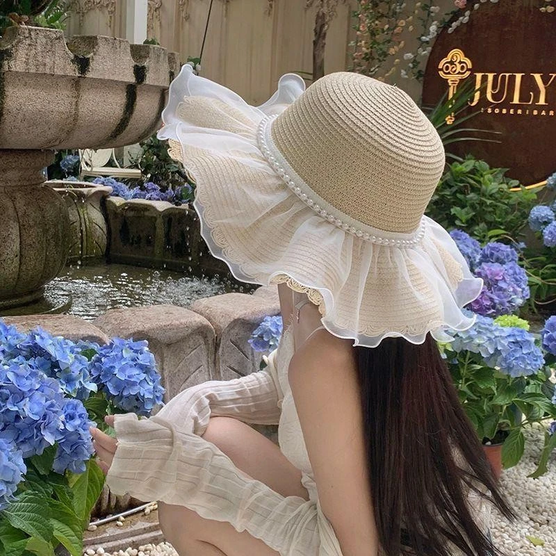 网纱防晒帽女夏草帽防晒遮阳帽度假太阳帽沙滩帽蕾丝公主洋气百搭
