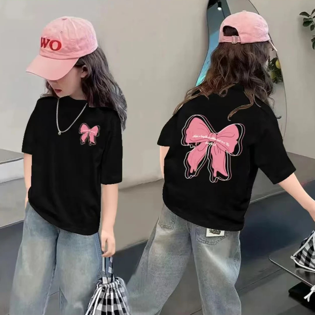 100%纯棉儿童洋气短袖T恤女2025新款学生上衣中大童网红时髦潮款