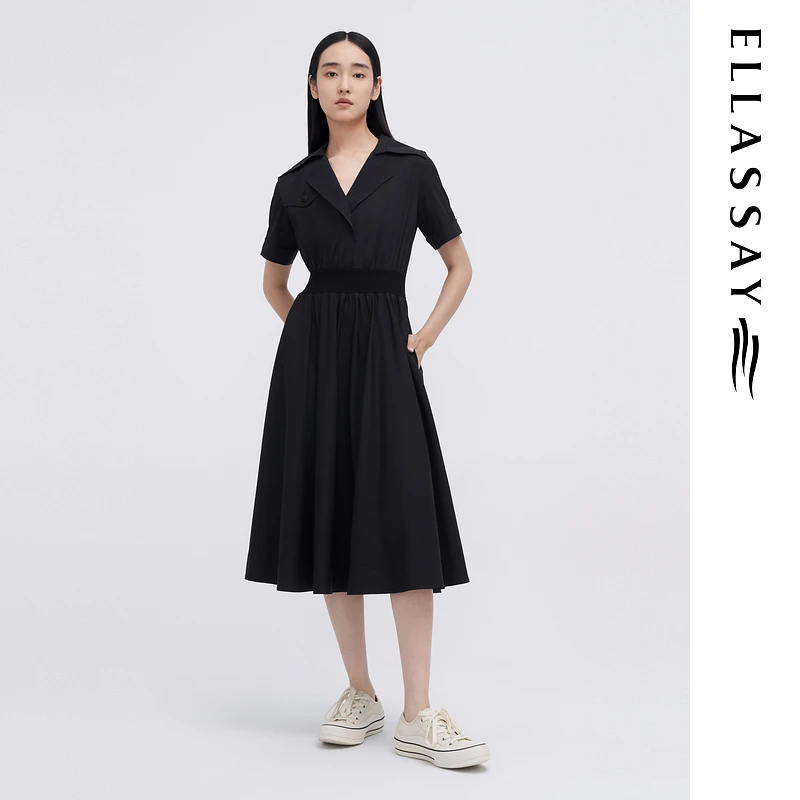 ELLASSAY歌力思夏季百搭收腰捏褶设计中长款连衣裙女EWW341Y18000