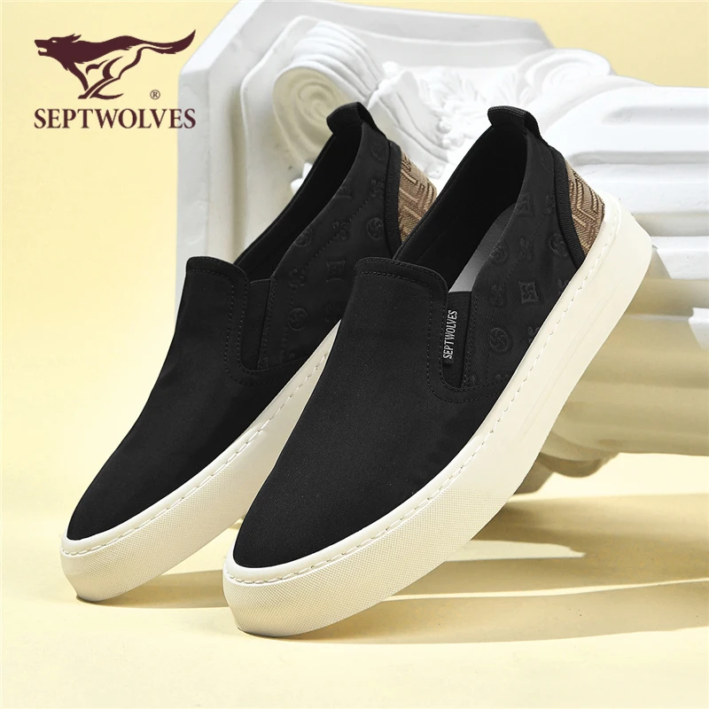 七匹狼男鞋秋季透气男士板鞋一脚蹬帆布鞋百搭休闲黑色老北京布鞋