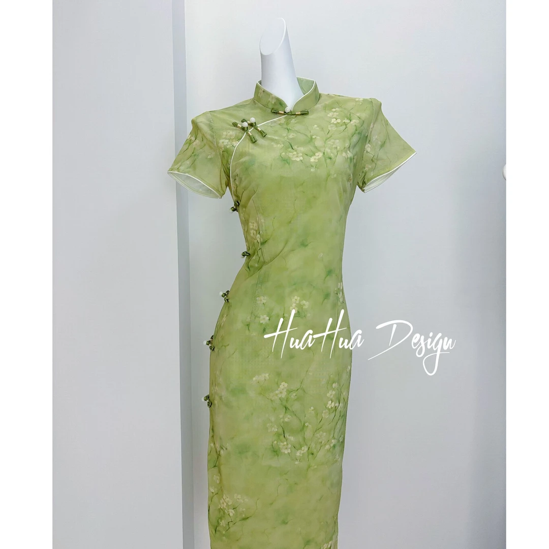 【知闲】中国风文艺复古绿色日常旗袍优雅立领显瘦修身衣长120夏季