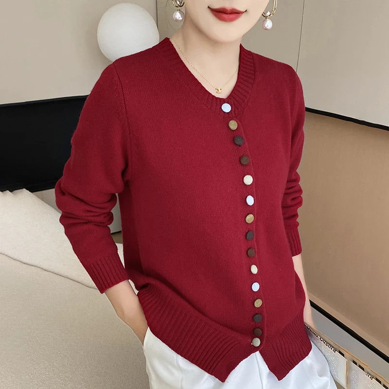 秋冬新款针织外套纯色长袖圆领毛衣宽松显瘦彩扣设计感百搭民族风