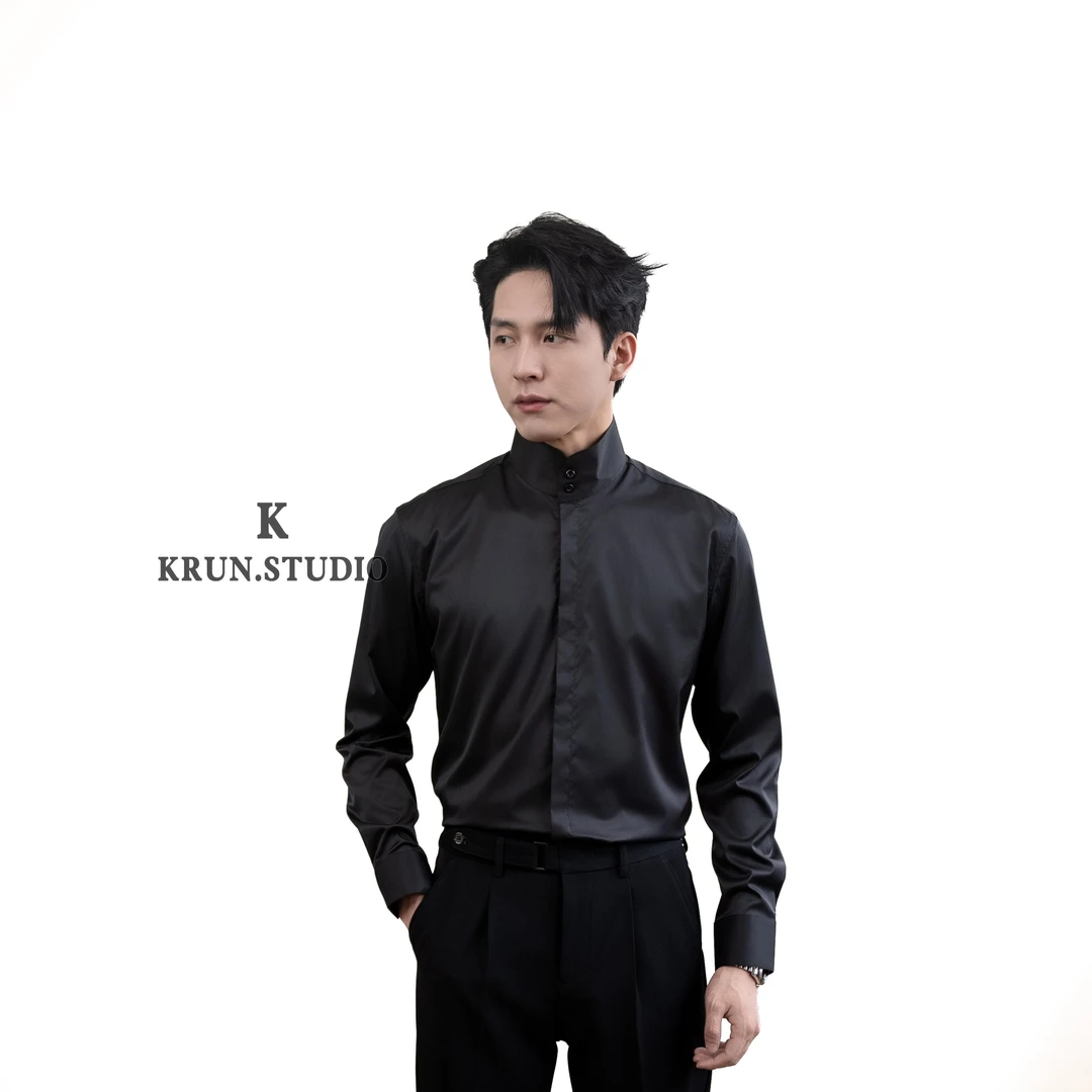 【618】新款衬衫隐藏式纽扣双扣高领长袖衬衫英伦风高级感衬衣