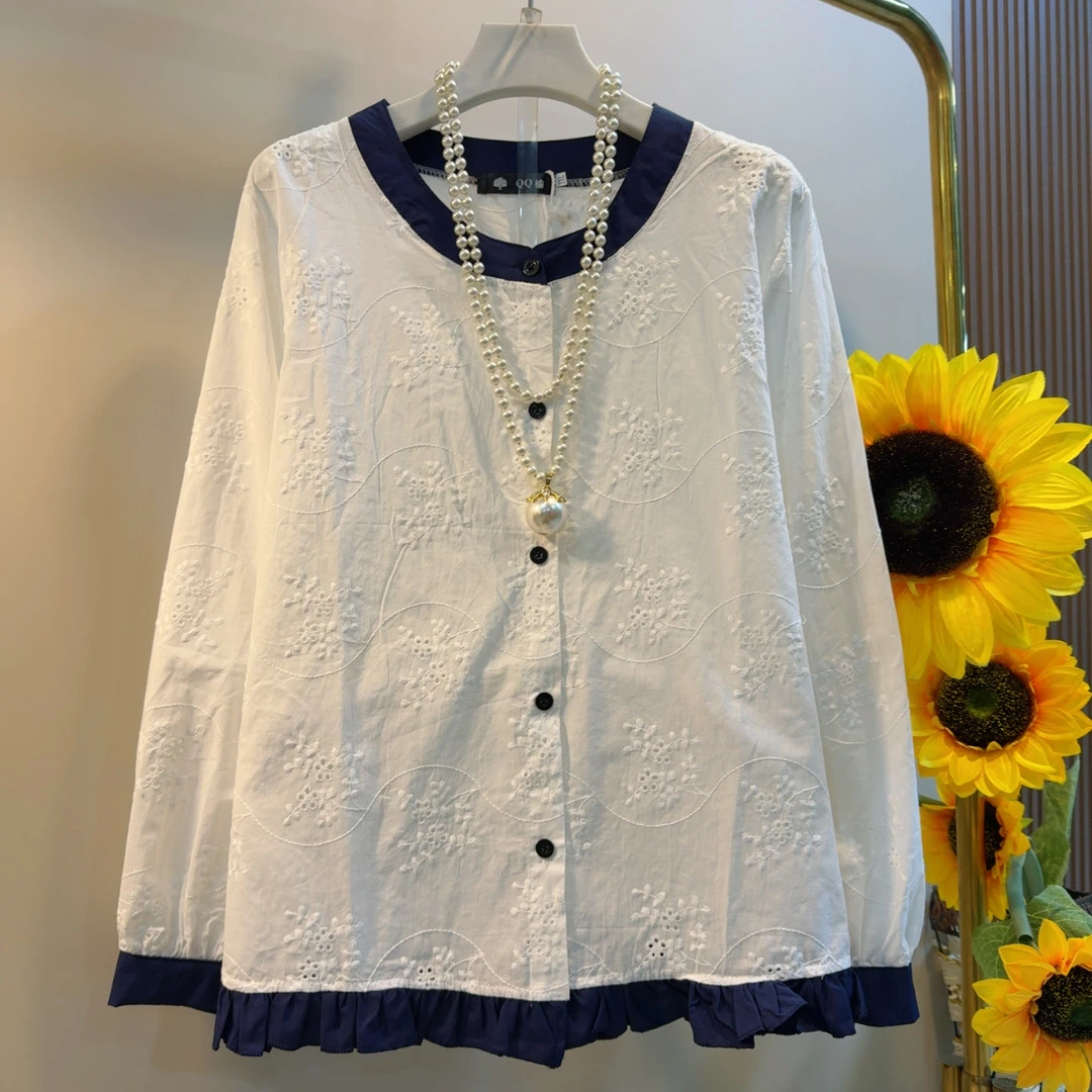 QQY秋季时尚百搭木耳长袖不起球圆领薄款衬衫