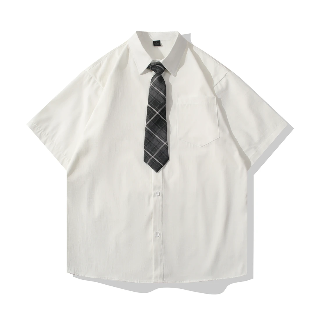 夏季简约清新校园纯色白衬衫短袖男冰丝衬衣薄款宽松休闲百搭男装