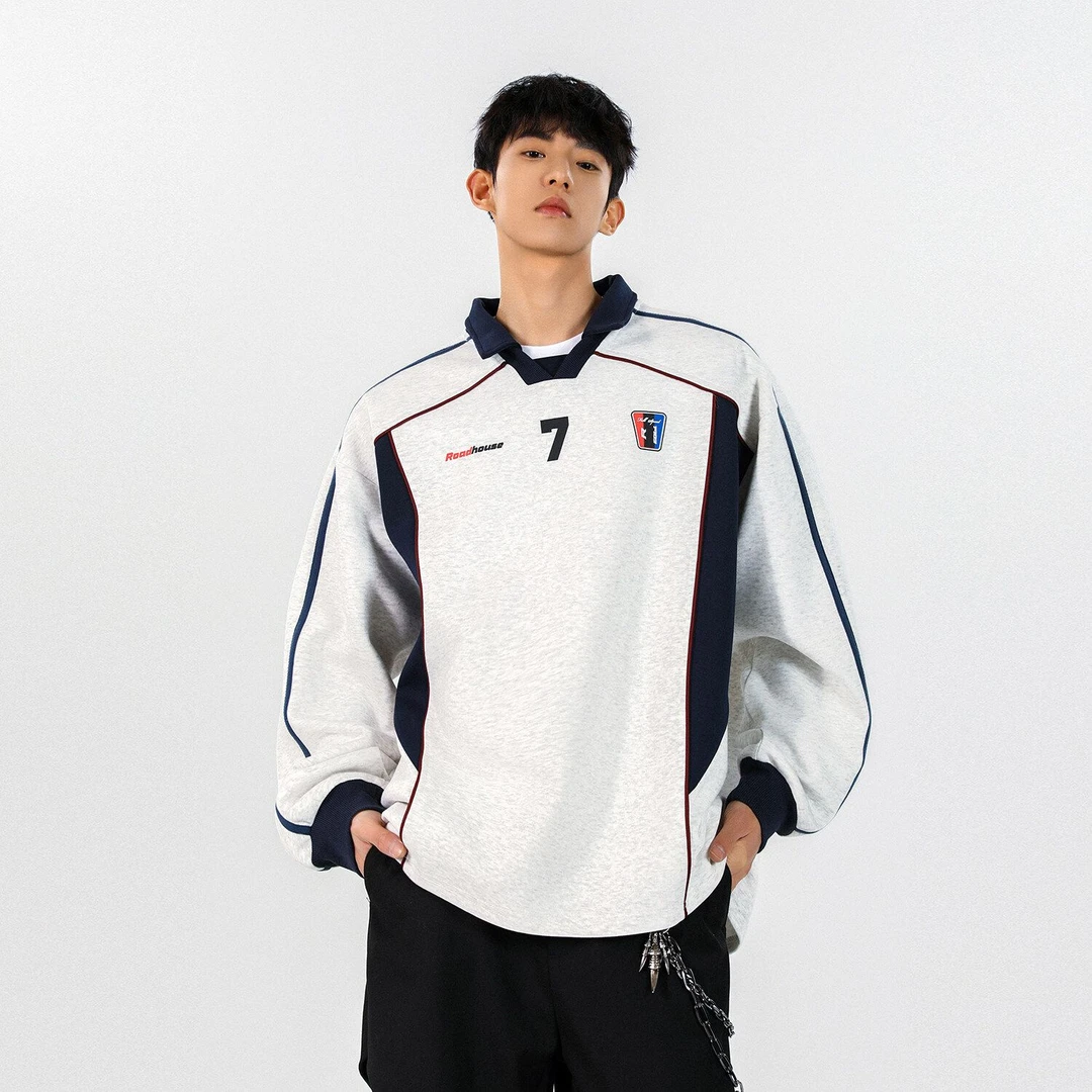 美式穿搭重磅字母春季长袖polo领卫衣百搭上衣翻领宽松休闲男男生