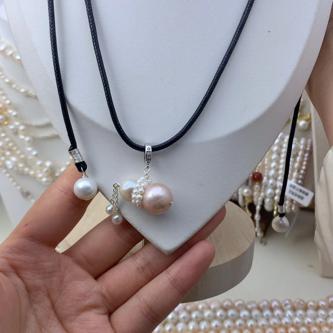 皮绳毛衣链淡水珍珠合金