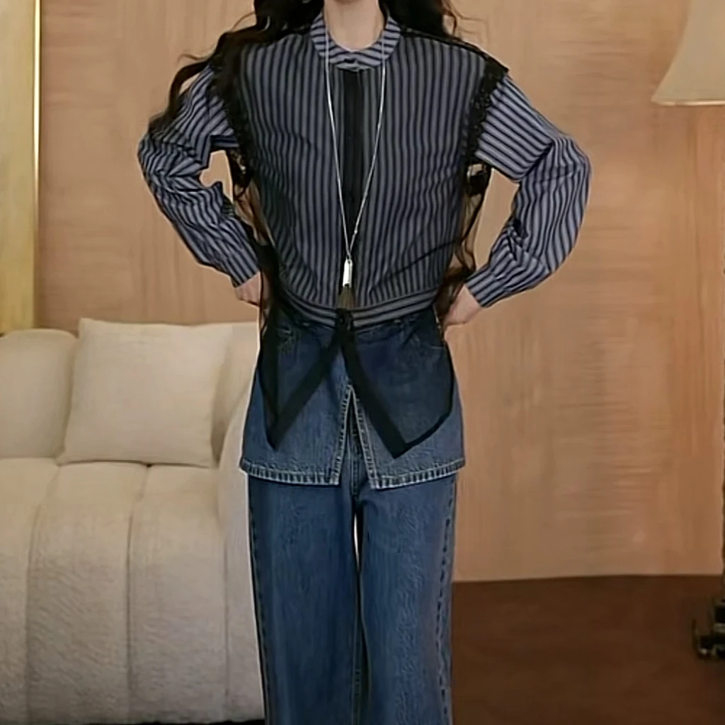 秋季设计感通勤网纱拼接条纹长袖女2025新款时尚休闲百搭衬衫