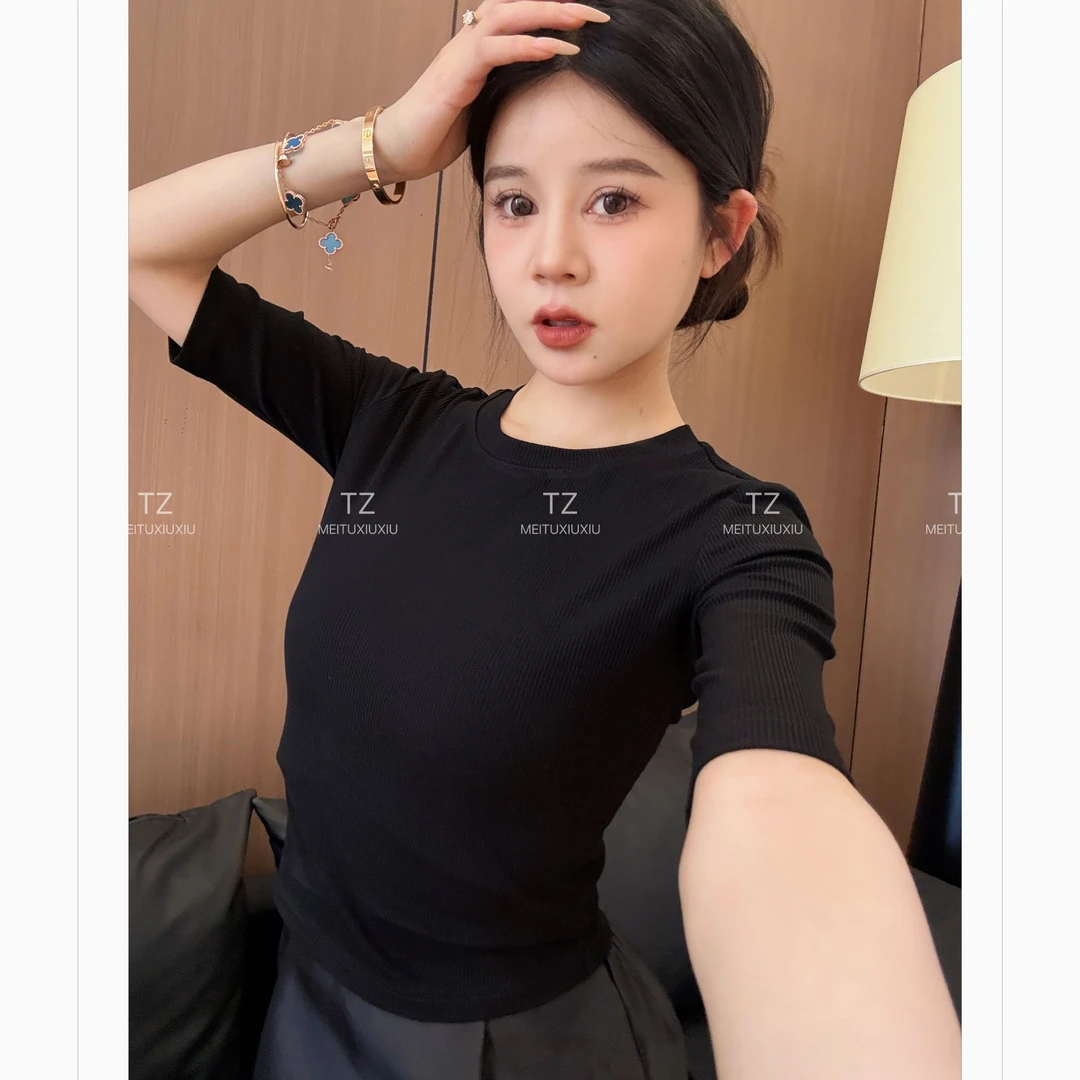 【婷子定制】~150小个子改版夏款修身中袖气质紧身百搭上衣C533