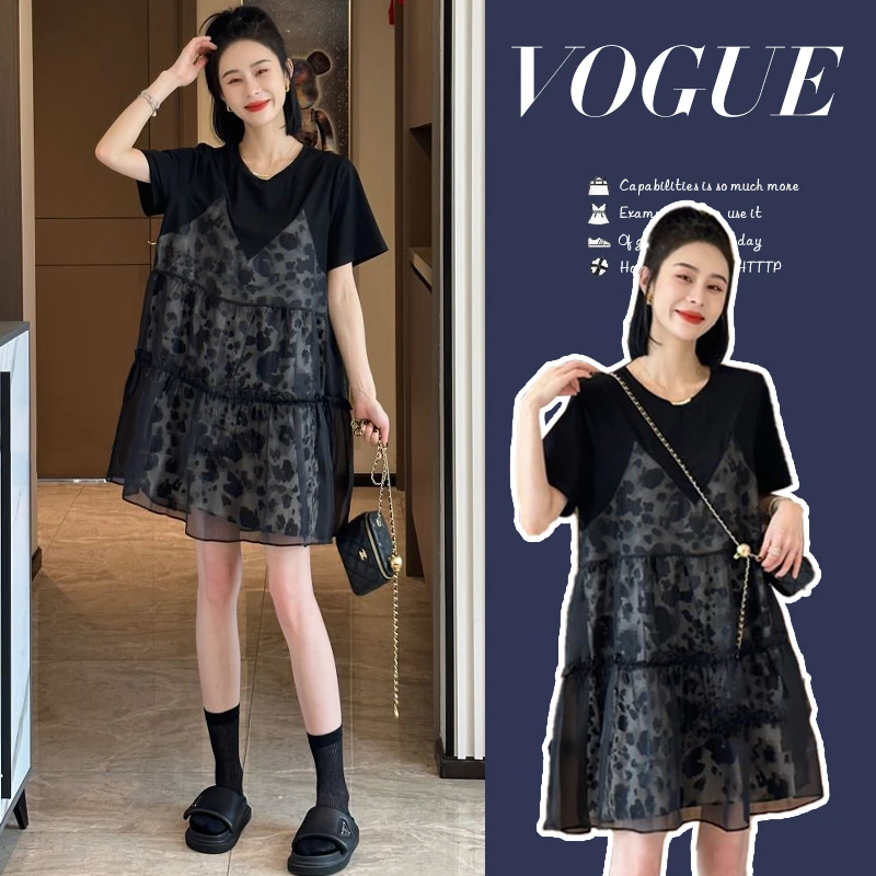 【甜甜圈】夏季时尚洋气百搭遮肉假两件孕妇连衣裙