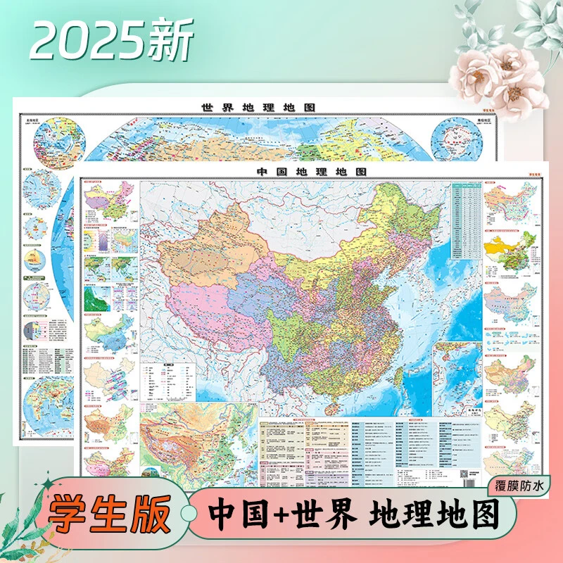 2025版学生专用中国地理地图世界地理地图 贴图套装 108cmX76cm