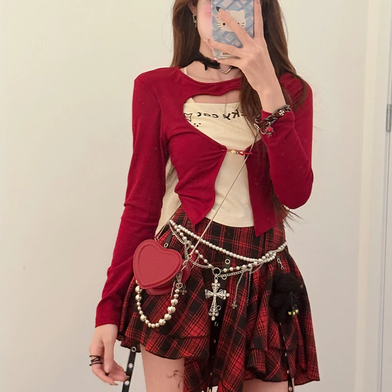 幸运猫 织物猪原创 甜酷风撞色假两件针织女早秋黑红短裙