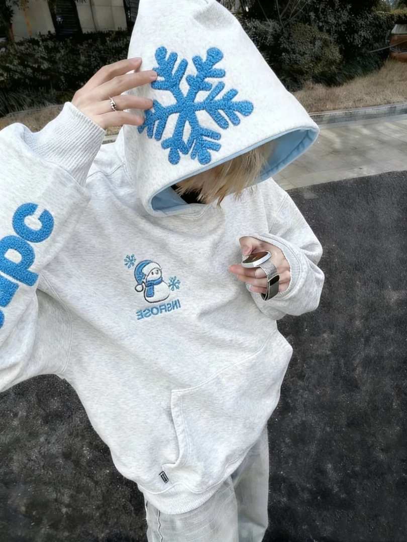 国潮雪花刺绣连帽卫衣男秋冬加绒加厚宽松情侣装毛巾绣外套帽衫女