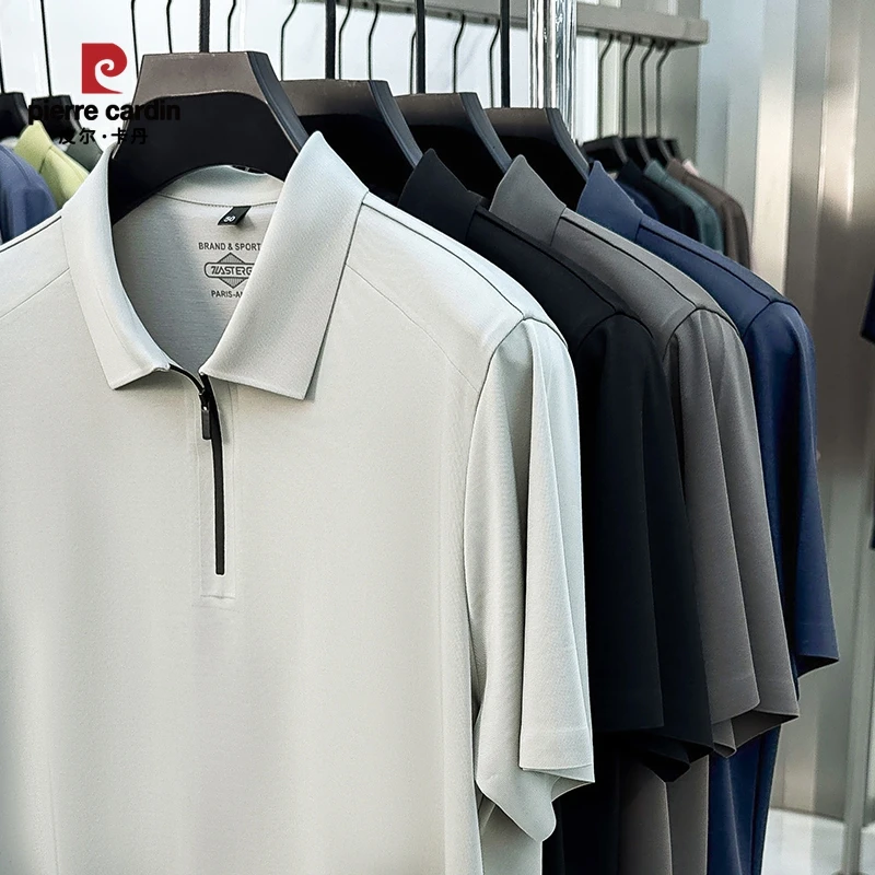 皮尔卡丹冰丝短袖t恤男夏季翻领半拉链男士polo衫中年体恤上衣薄