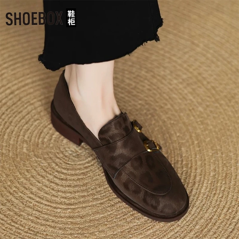 SHOEBOX鞋柜法式复古豹纹单鞋女2025秋新款一脚蹬女鞋低跟乐福鞋