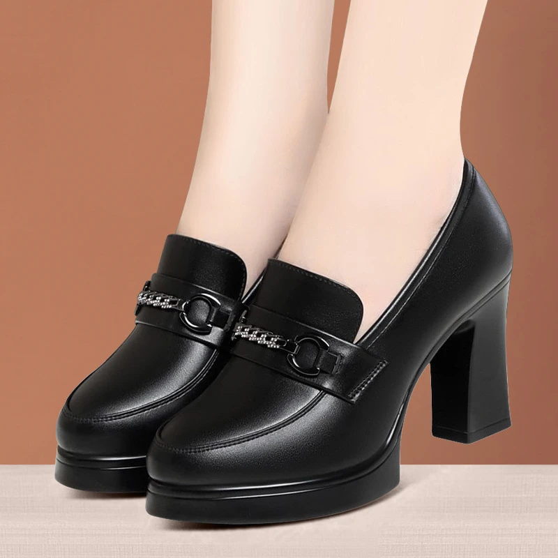 新款深口单鞋女圆头旗袍舒适走秀鞋单鞋职业高跟鞋皮鞋久站不累脚