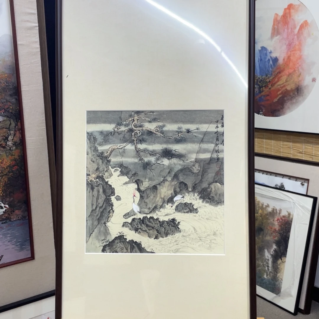 国画手绘国画工笔山水松鹤，带框包邮