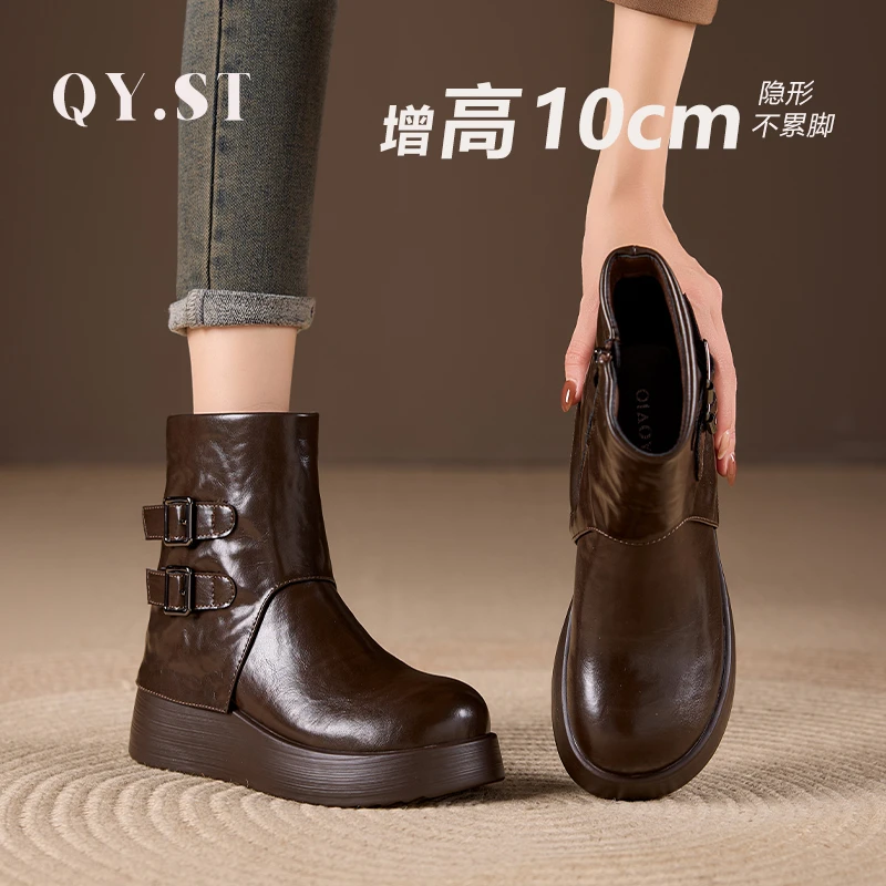 增高10CM2025冬新款百搭时尚真皮马丁靴厚底网红爆款短靴女F88033