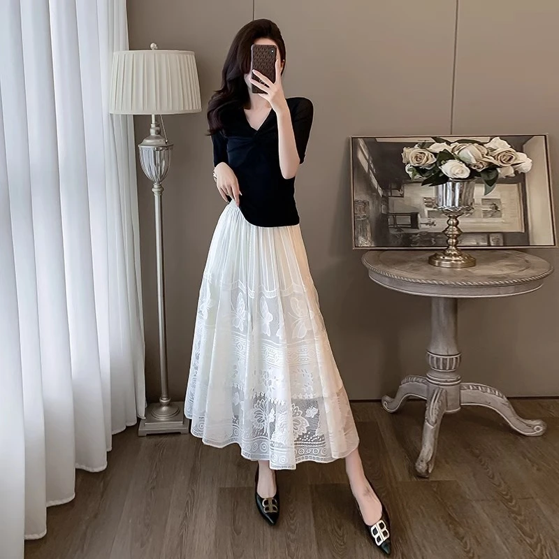 蕾丝半身长裙女春秋新款气质长款大摆打底裙高端网纱蓬蓬a字裙子