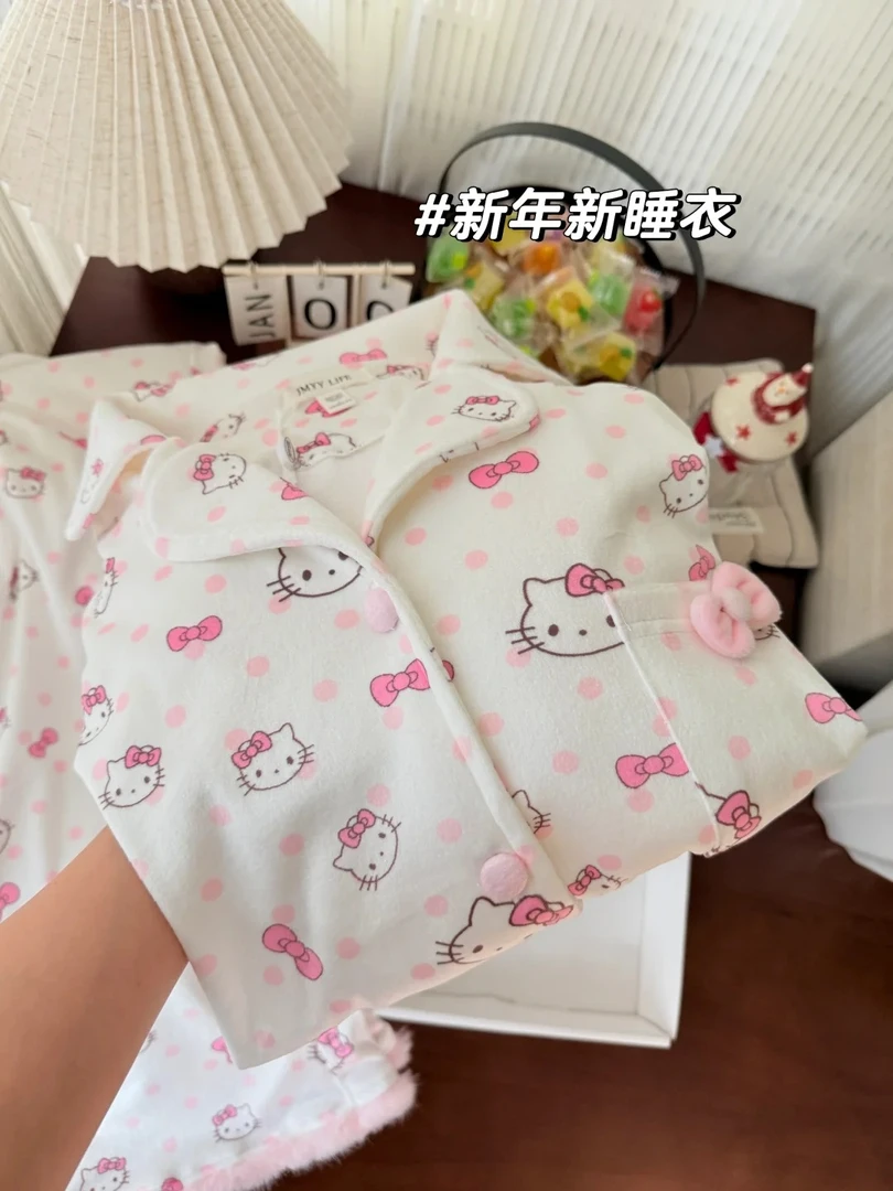 【波点kitty猫】新年甜美少女德绒睡衣女冬加厚加绒套装保暖家居服