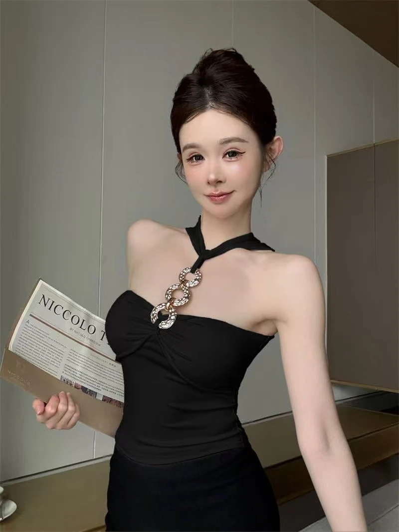 053编码纯欲通勤吊带背心钻链挂脖开叉气质小众一体式百搭