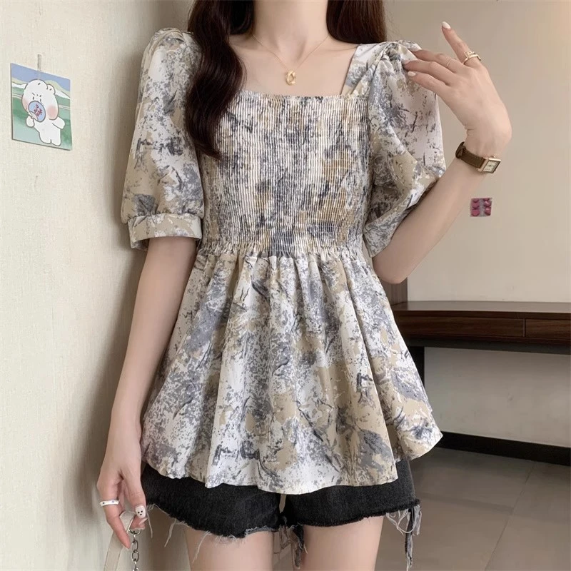 夏季法式方领泡泡袖碎花褶皱收腰衬衫女装大码洋气复古雪纺衫上衣