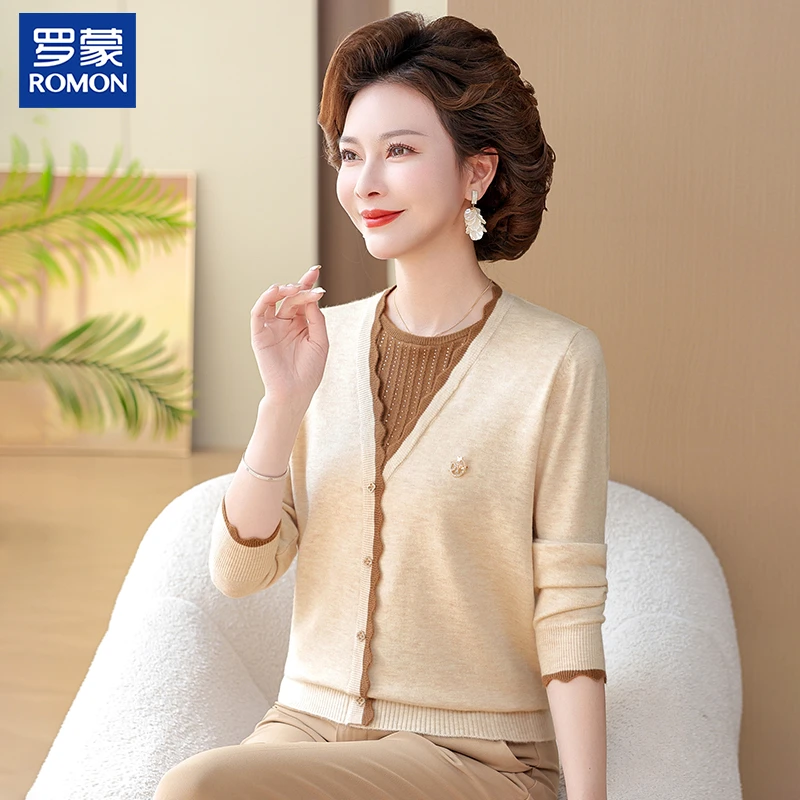 罗蒙妈妈装春季假两件上衣针织打底衫毛衣中老年女装气质打底小衫