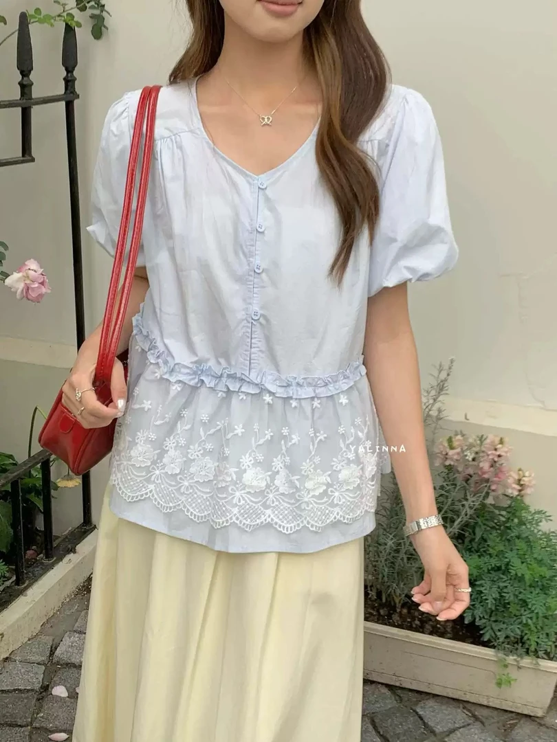 女2025夏季新款韩系设计感蕾丝拼接甜美百搭衬衫小个子宽松上衣