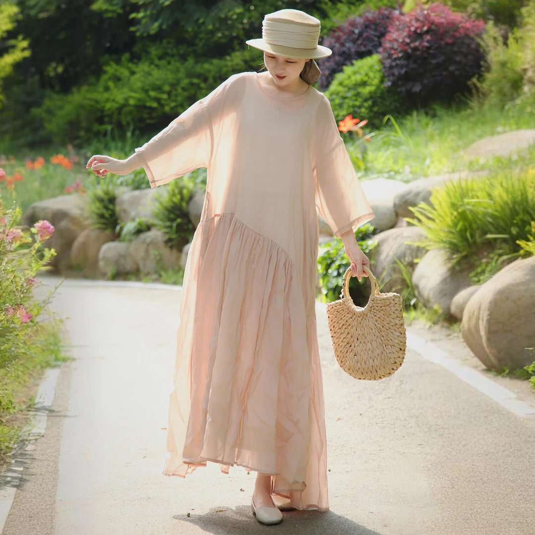 乱在江南纯色休闲宽松苎麻大摆连衣裙夏季新品七分袖文艺简约长裙