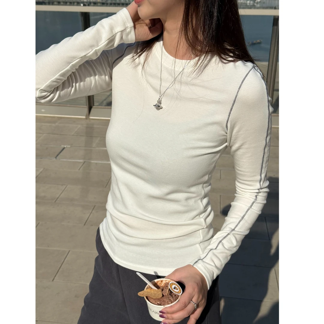 程钱钱【赵露思同款】撞色设计羊毛天丝圆领打底衫CQQ25-Z008