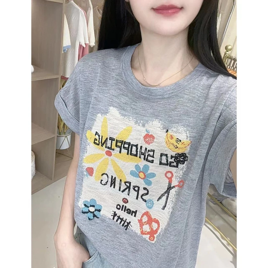 夏季薄款潮牌女装女装印花t恤韩版半袖百搭休闲圆领卡通