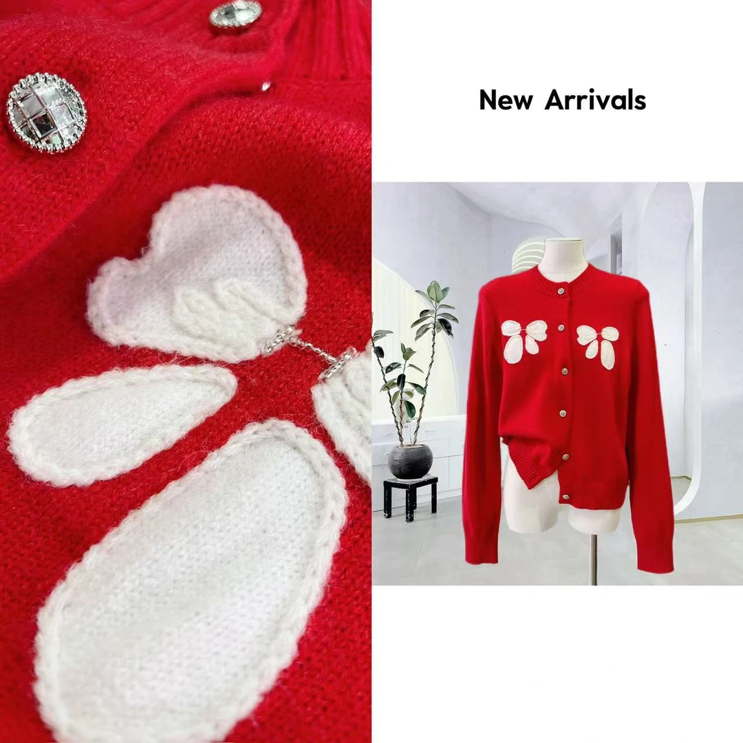 【618活动】新款甜美洋气撞色蝴蝶结设计圆领针织开衫  G1381