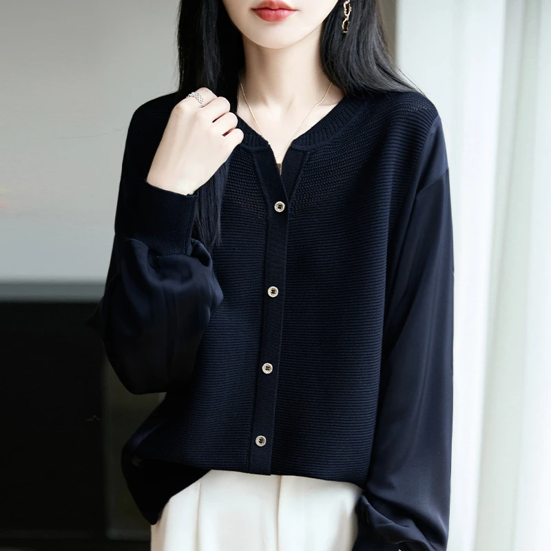 春秋2025新款大码雪纺拼接针织上衣女士宽松遮肚子显瘦洋气打底衫