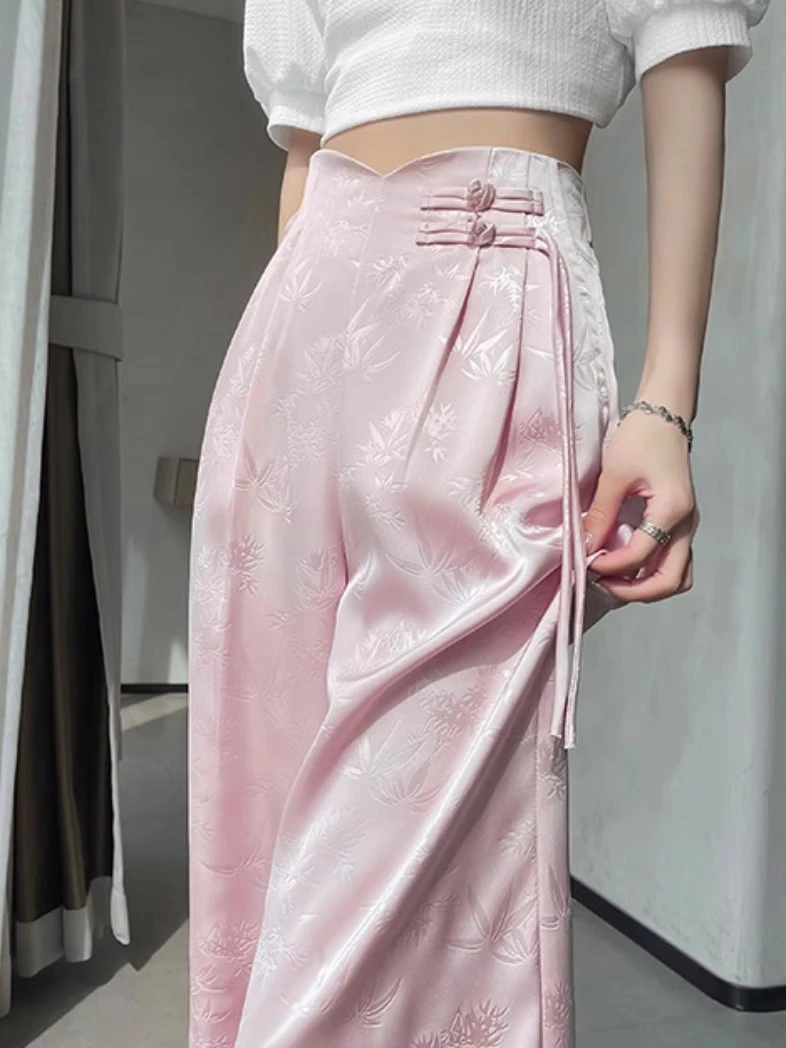 醋酸缎面阔腿裤女春秋新款窄版直筒西装裤高级感垂感新中式国风裤