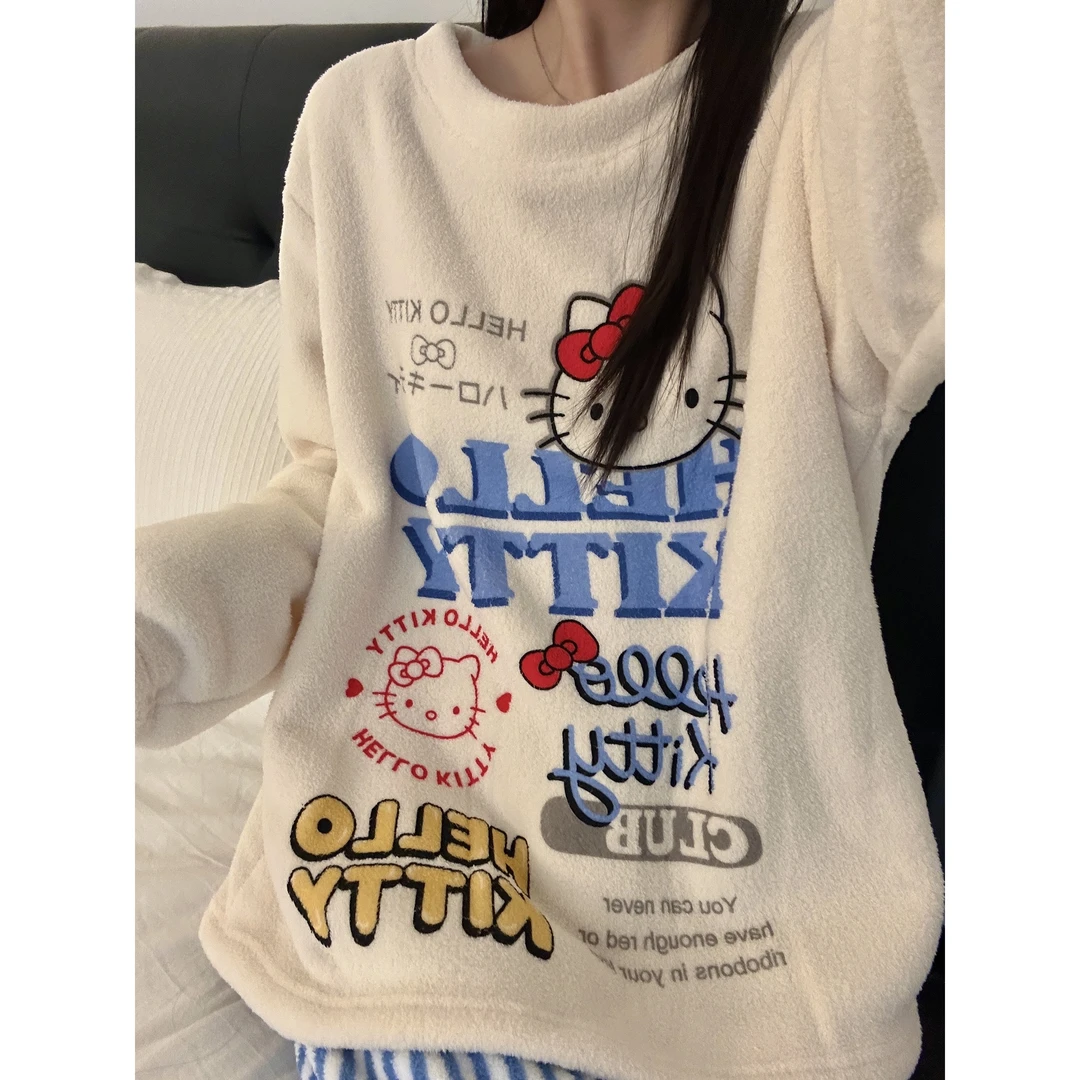 韩版温柔可爱卡通凯蒂猫珊瑚绒睡衣女秋冬季新款家居服套装可外穿