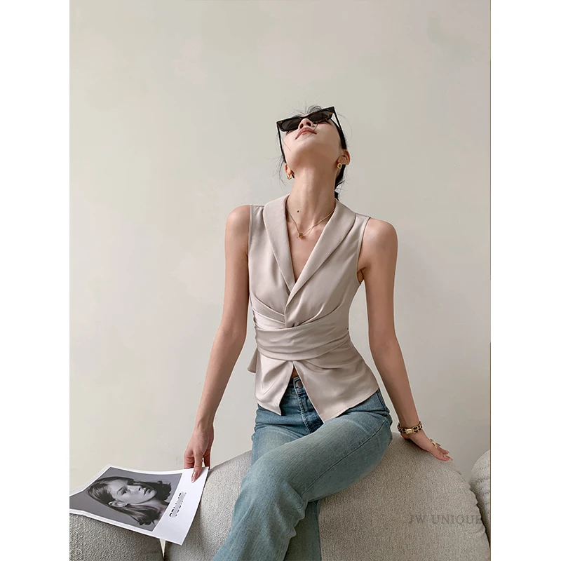 JWUNIQUE香槟色无袖背心女夏季2025年设计感小众修身显瘦百搭上衣