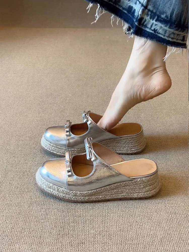 夏季版~厚底草编包头蝴蝶结凉拖女圆头浅口一字带松糕低半拖凉鞋