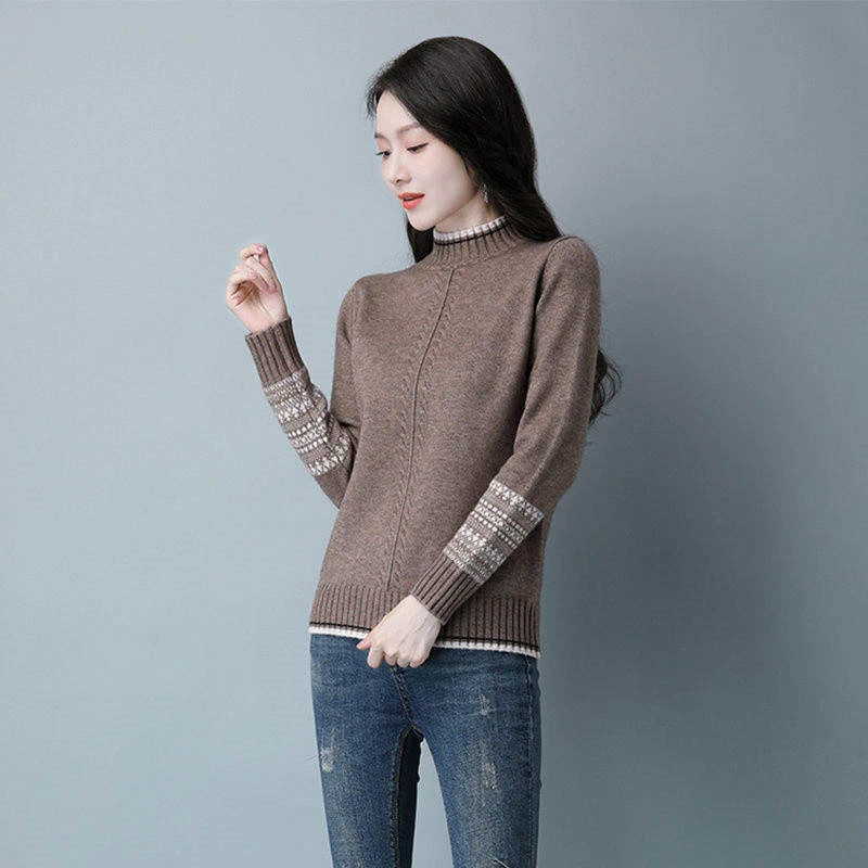 奥特莱斯撤柜新款冬季半高领拼色羊毛针织衫长袖气质显瘦打底毛衣