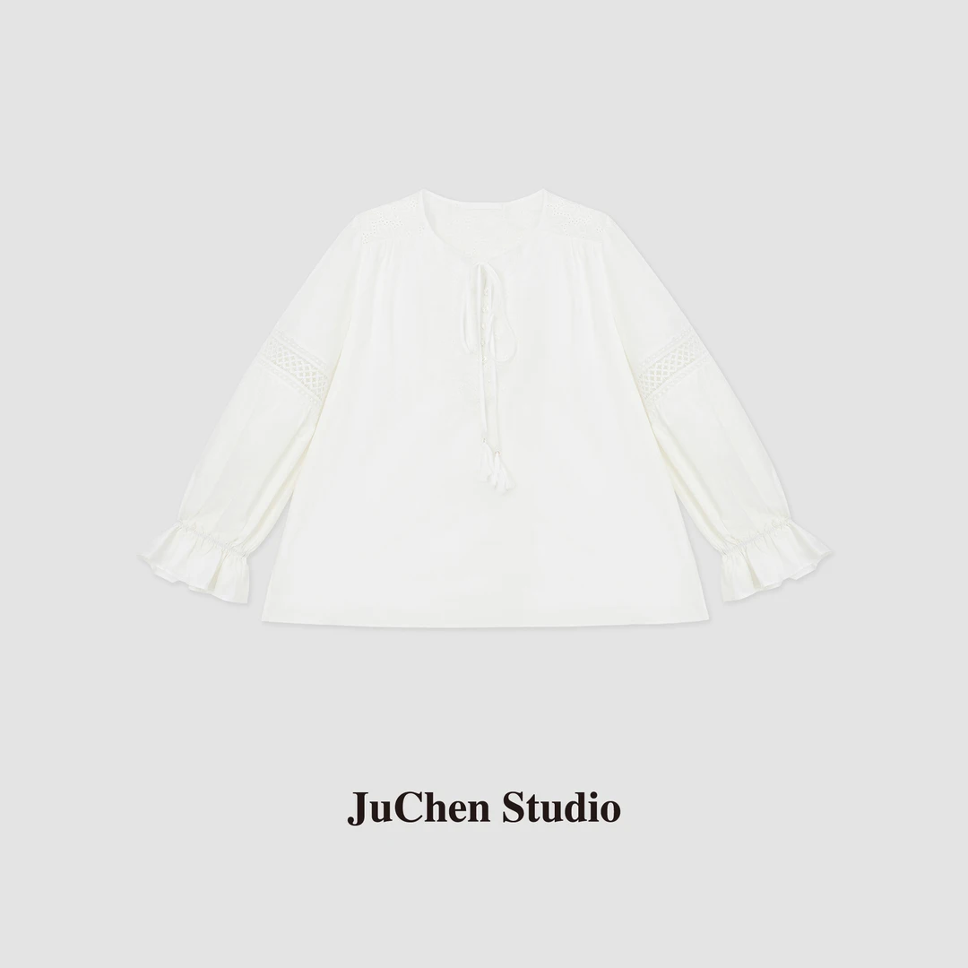 “斯里兰卡”度假风重工镂空绣花真丝混纺喇叭袖衬衫 SS123495