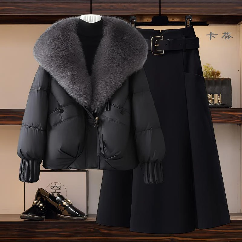 冬季套装女2025新款加厚保暖设计感毛领棉服外套显瘦半身裙两件套