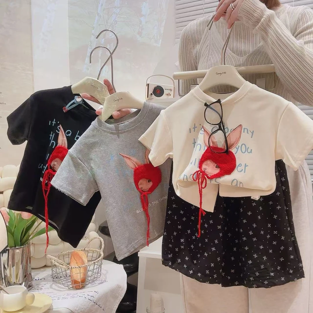 2025年亲子夏季时尚百搭休闲卡通兔头小红帽印花短袖T恤女上衣1