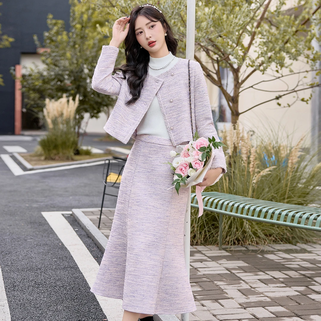 现货女装小香风气质时尚套装裙2025秋冬新款外套半裙两件套ZQ07