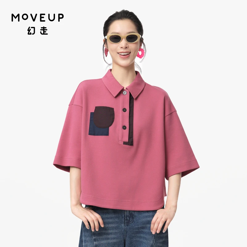 MOVEUP幻走2024秋季新款.FUN方形翻领撞色短款套头衫女324310542