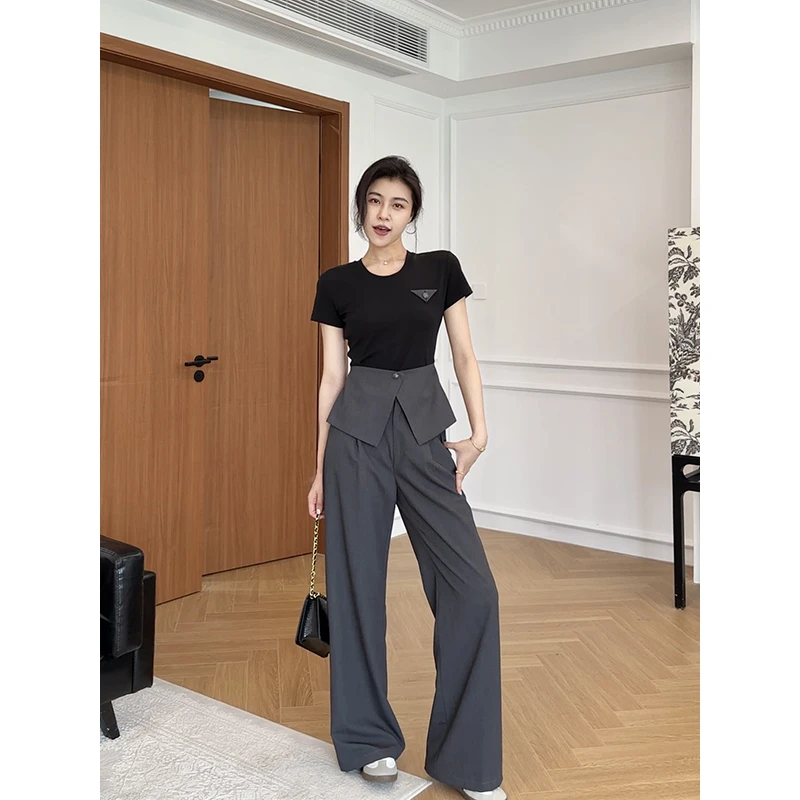 少量现货|张阿星【长腿滤镜】高智干练T恤高腰假两件腰封拼接西装裤